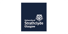 Logo of the university of strathclyde, glasgow, featuring a shield emblem with a cross design, set against a dark blue background.