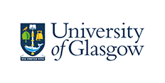 Logo of the university of glasgow featuring a blue shield with a book, bird, bell, and tree, accompanied by the university's name in serif font.