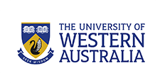 Logo of the university of western australia featuring a blue and gold shield with a black swan, above the name of the university in blue text.