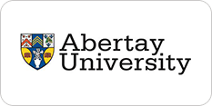 Logo of abertay university featuring a colorful shield with various symbols and the university name in bold, dark letters on a grey background.