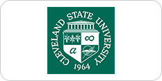 Logo of cleveland state university, featuring a green and white shield with a book, leaves, and the founding year 1964.