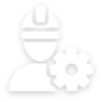 Icon depicting a person wearing a hard hat and a gear symbol, representing an engineer or a worker in a technical field.