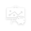 A simple graphic depicting a piggy bank next to a board with a chart showing an upward trend and data points marked by x and o symbols.