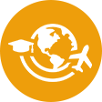 Logo depicting an airplane circling a stylized globe with a leaf, on an orange background.
