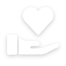 A black and white icon showing a hand holding a heart, symbolizing care or love.