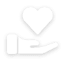 A black and white icon showing a hand holding a heart, symbolizing care or love.