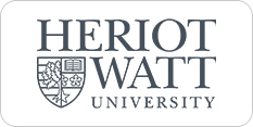 Logo of heriot-watt university featuring its name and crest with a laurel wreath on a rectangular green background.