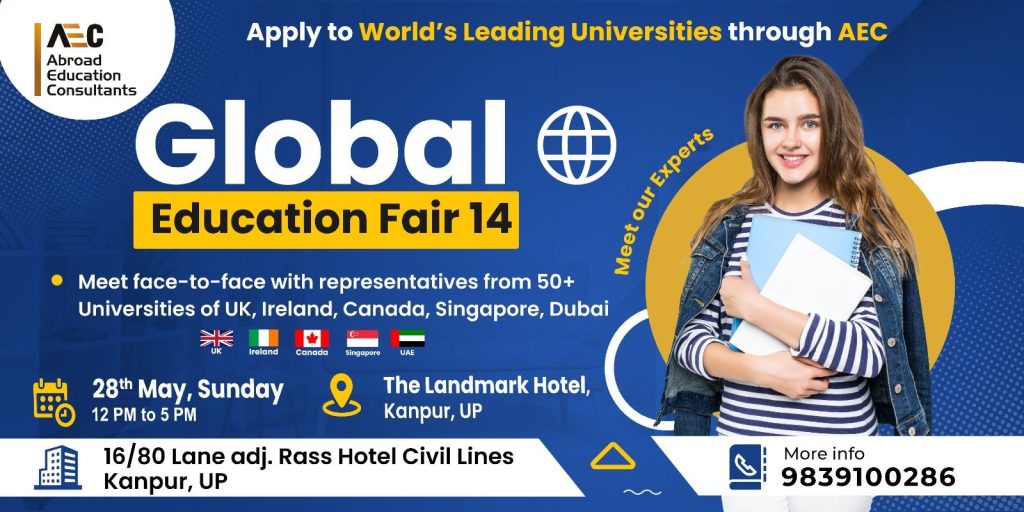 Promotional banner for global education fair 14, featuring a smiling woman holding books, event details, and venue information.