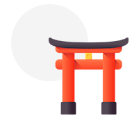 Illustration of a detailed, red torii gate with a glowing orange light inside, set against a simple white background in New Zealand.