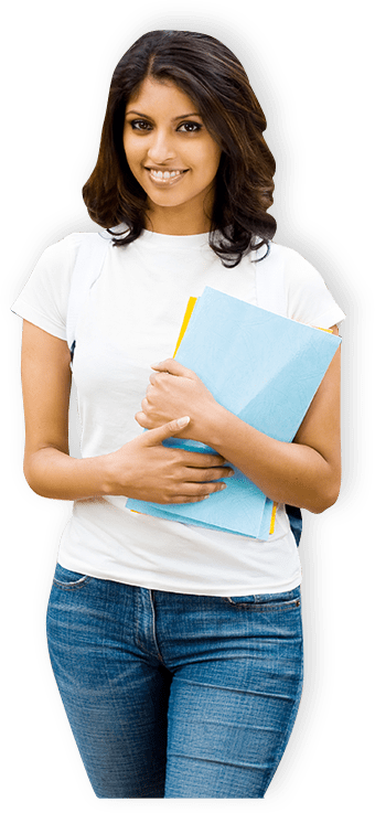 A young woman in a white t-shirt and jeans, holding a folder and pencil, smiling at the camera, with a cutout background.