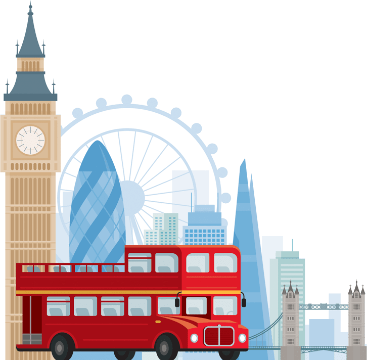 Illustration of iconic london symbols, including a red double-decker bus, big ben, and the london eye, set against a skyline of modern and historical buildings.