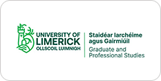 Logo of the university of limerick, featuring a green emblem and text for "graduate and professional studies" in english and irish.