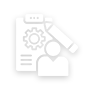 Icon depicting a clipboard with gear and a person, accompanied by a microscope, representing scientific research or data analysis.