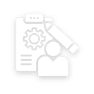 Icon depicting a clipboard with gear and a person, accompanied by a microscope, representing scientific research or data analysis.