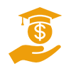 Icon depicting a hand holding a coin with a graduation cap on top, symbolizing investment in education or scholarships.