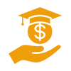 Icon depicting a hand holding a coin with a graduation cap on top, symbolizing investment in education or scholarships.