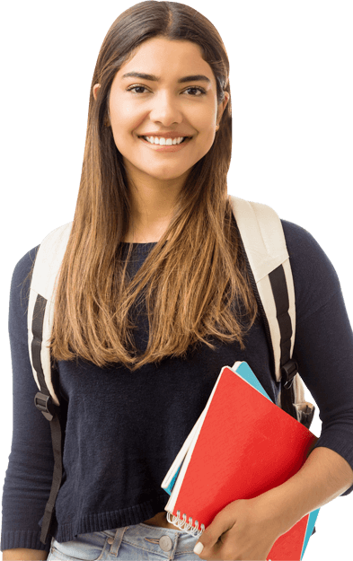 A young woman with long hair, smiling, holding books and wearing a backpack, standing against a transparent background.