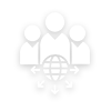 Icon depicting three human figures with a globe at the center surrounded by four directional arrows, symbolizing global connectivity and interaction.