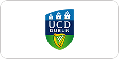 Logo of university college dublin featuring a shield with blue and green colors, three castles, and a celtic harp.