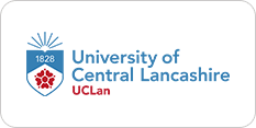 Logo of the university of central lancashire (uclan) featuring a shield with a red rose, a blue banner, and the founding year 1828.