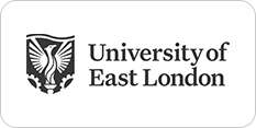 Logo of the university of east london featuring a stylized bird within a shield, accompanied by the university’s name in gray text on a green background.
