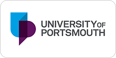 Logo of the university of portsmouth featuring a modern blue and purple design next to the institution's name in gray text.