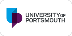 Logo of the university of portsmouth featuring a modern blue and purple design next to the institution's name in gray text.