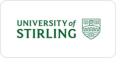 Logo of the university of stirling featuring its name and a shield emblem with symbolic designs in green and white.