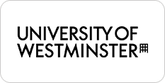Rectangular sign with the text "university of westminster" and an icon depicting a building on the right side.