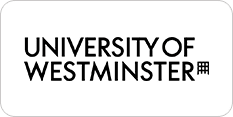 Rectangular sign with the text "university of westminster" and an icon depicting a building on the right side.