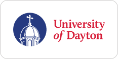 Logo of the university of dayton featuring a blue dome with a cross on top, set against a white background with red text.
