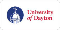 Logo of the university of dayton featuring a blue dome with a cross on top, set against a white background with red text.