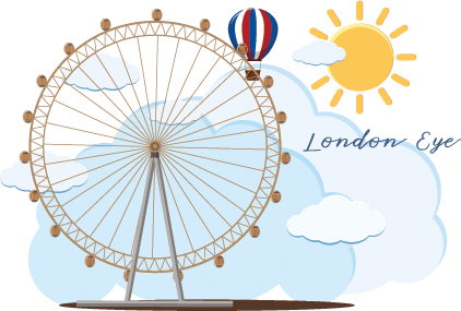 Illustration of the london eye ferris wheel with a hot air balloon, clouds, and sun in the background.