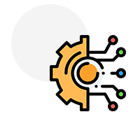 Graphic icon of a gear and an eye, symbolizing vision or monitoring technology, with colorful dots around the perimeter, inspired by design studies in New Zealand.