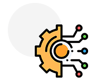 Graphic icon of a gear and an eye, symbolizing vision or monitoring technology, with colorful dots around the perimeter, inspired by design studies in New Zealand.