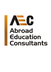 Logo of aec abroad education consultants featuring black and orange text alongside vertical bars.