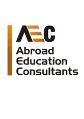 Logo of aec abroad education consultants featuring black and orange text alongside vertical bars.