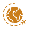 An orange icon depicting an airplane flying around a stylized globe, representing international travel or global connections.