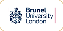 Logo of brunel university london featuring a crest and the university's name in maroon and black text, bordered by two vertical maroon lines.