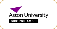 Logo of aston university featuring a purple triangle above the text "aston university birmingham uk" on a white background.