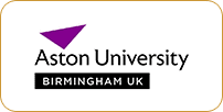 Logo of aston university featuring a purple triangle above the text "aston university birmingham uk" on a white background.