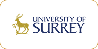 Logo of the university of surrey featuring a gold stag above the name in blue text.