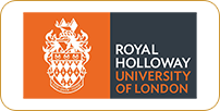 Logo of royal holloway, university of london; half orange with a white crest, half dark gray with white text.