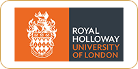 Logo of royal holloway, university of london; half orange with a white crest, half dark gray with white text.