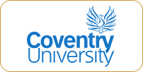 Logo of coventry university featuring blue text and a stylized white phoenix above the text.