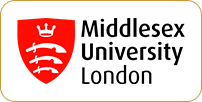 Logo of middlesex university london featuring a red shield with a crown at the top and three wavy lines symbolizing rivers.