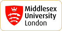 Logo of middlesex university london featuring a red shield with a crown at the top and three wavy lines symbolizing rivers.