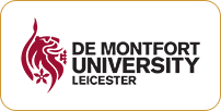 Logo of de montfort university leicester featuring a stylized red lion next to the university’s name on a white background.