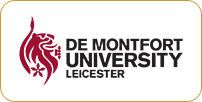 Logo of de montfort university leicester featuring a stylized red lion next to the university’s name on a white background.