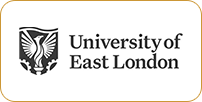 Logo of the university of east london featuring a stylized eagle and shield in black and white.